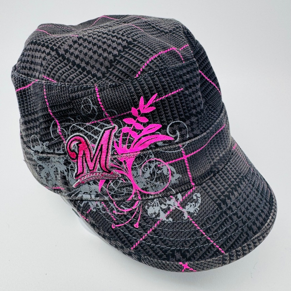 Y2K Milwaukee Brewers 47 Women Baseball Cap Army Style Plaid Pink Embroidery MLB